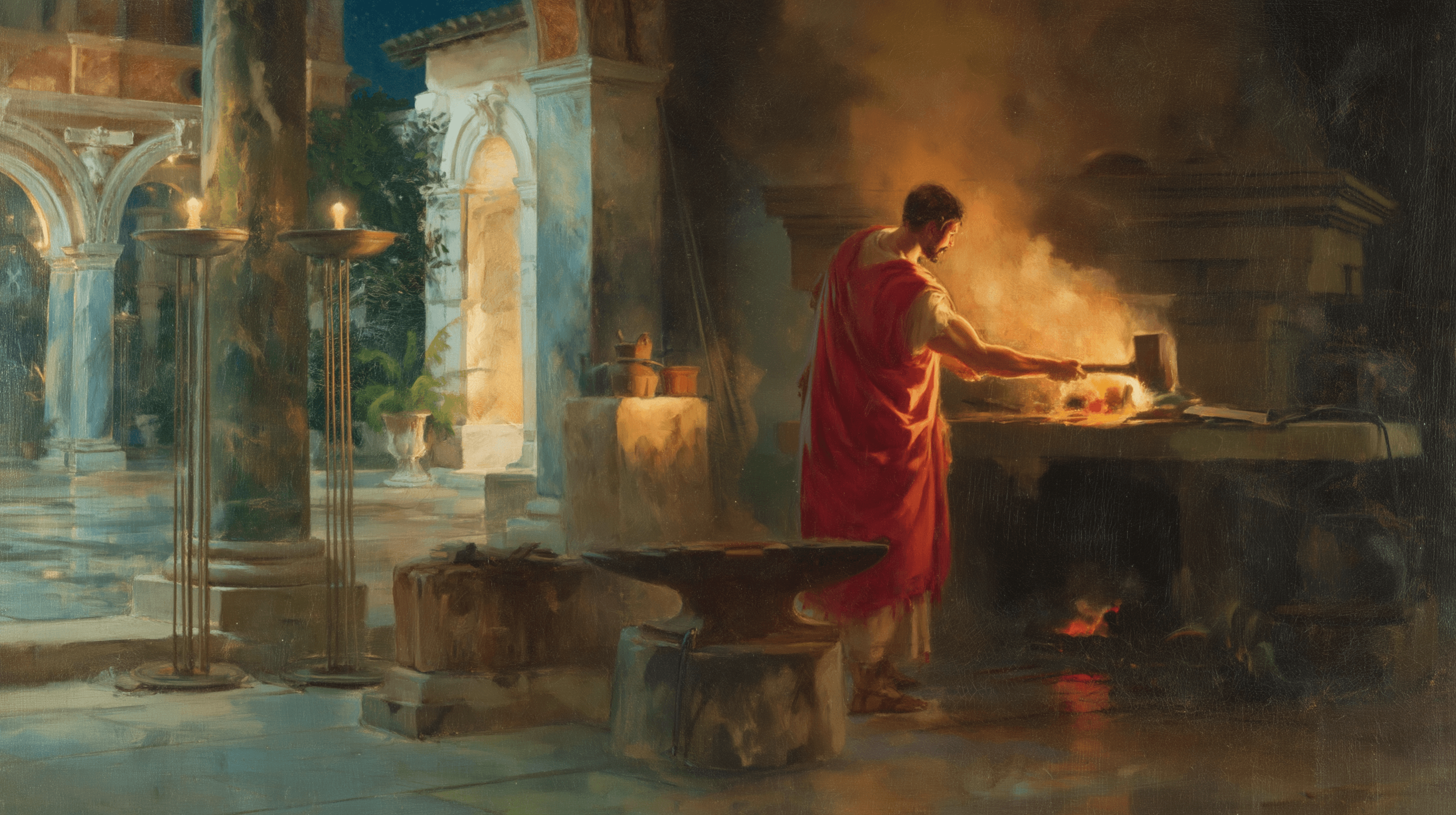 A neoclassical blacksmith forging at their anvil